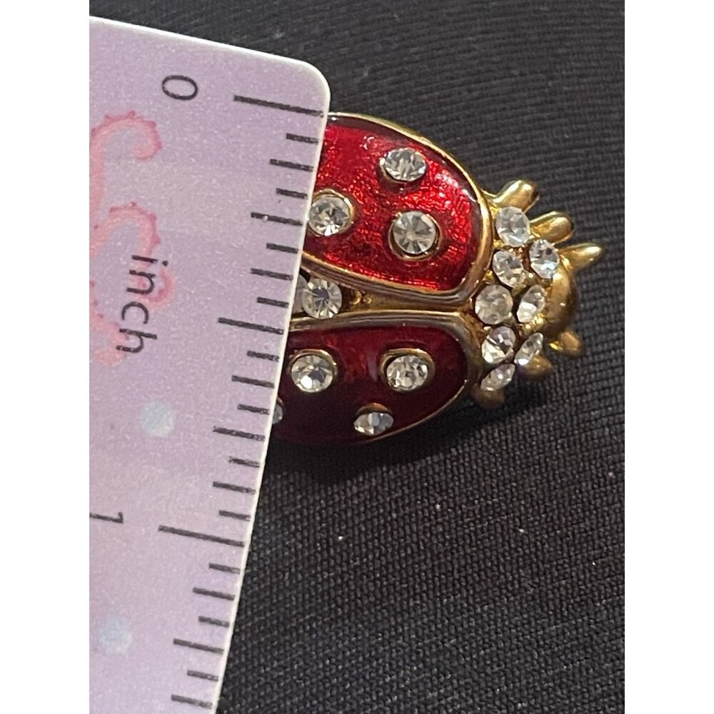Signed SWAROVSKI Red Enamel Clear Rhinestone Gold-Tone Lady Bug Brooch Pin Swan - Picture 6 of 7